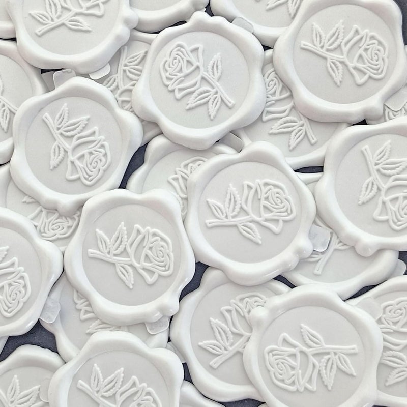 Pilloze 50 Pcs Adhesive White Rose Wax Seal Stickers, Roses Seal for Envelope, Easy to Use and Good Adhesion White Envelope Stickers, Wedding Invitation Accessories - Image 1